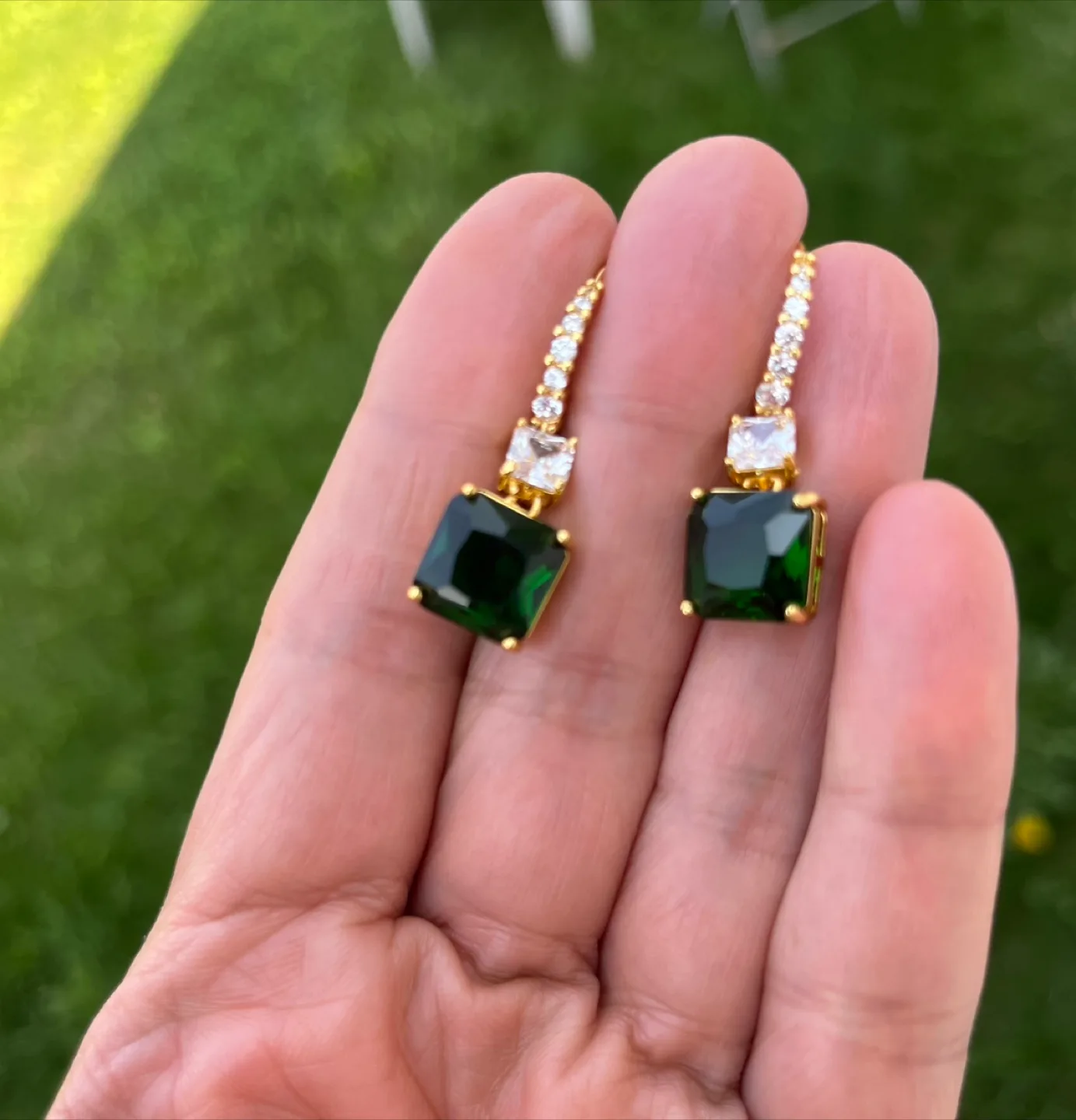 Emerald inspired Green & Gold plated Dangle Earrings thumbnail