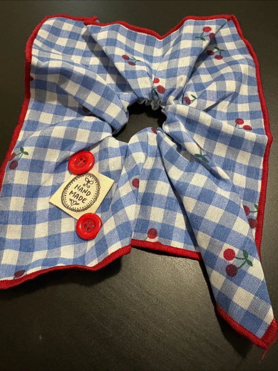 Handmade Blue Gingham Scrunchie with Cherries thumbnail
