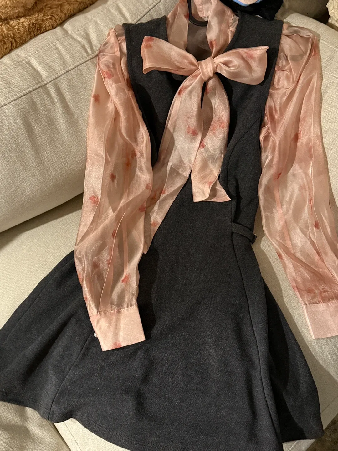 BOGO:Soft Buckle Grey Dress & Pearl Pink Floral Blouse thumbnail