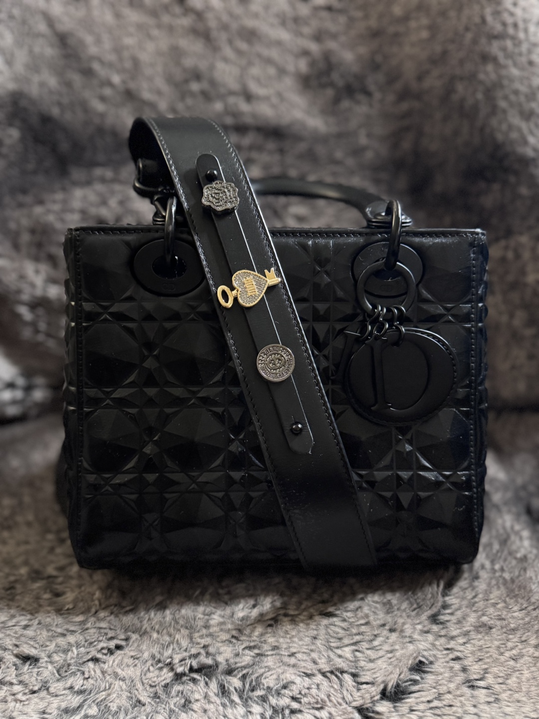 Dior Lady Dior Matte Black Diamond Motif Leather Handbag