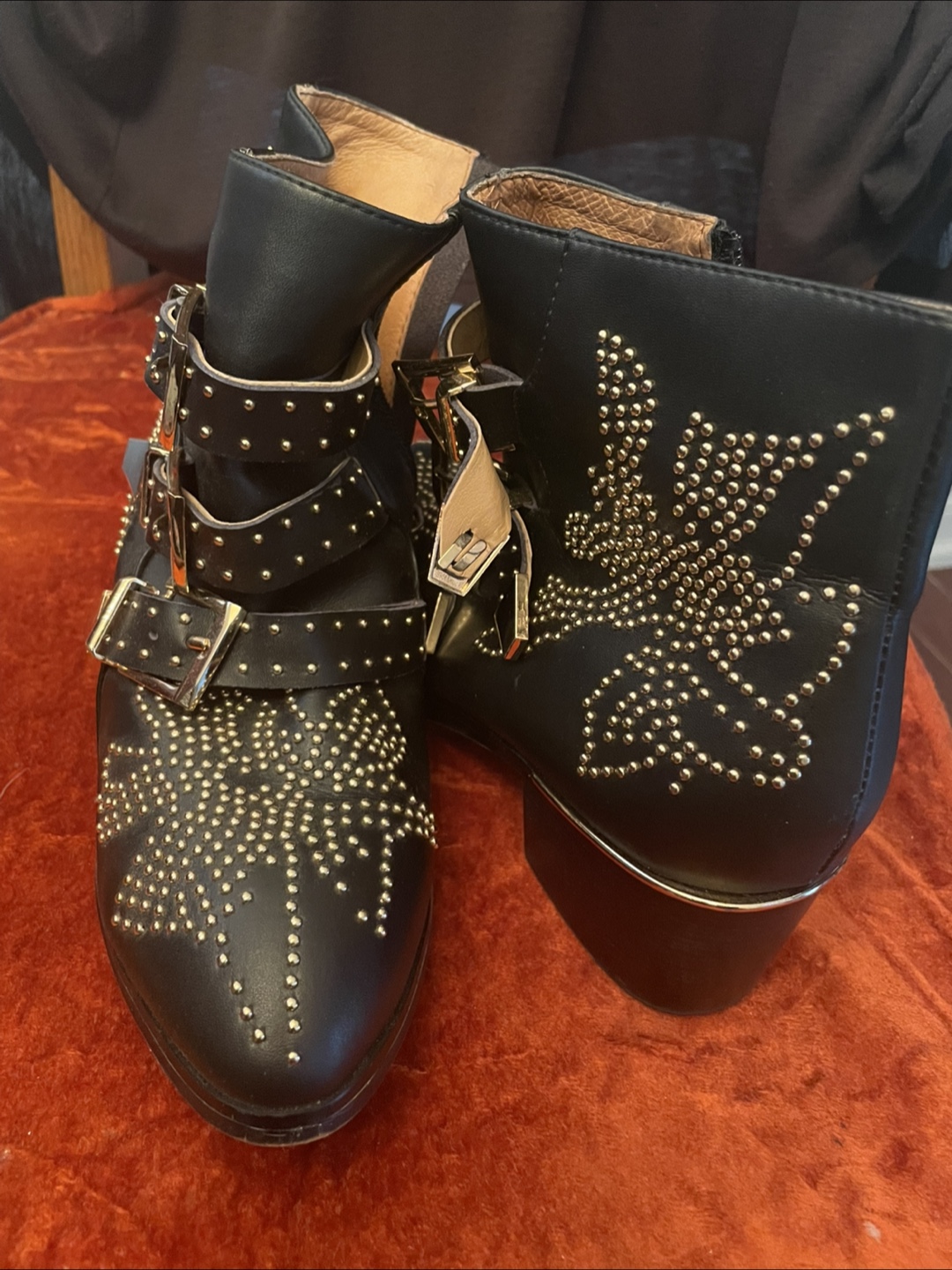 Black Leather Studded Ankle Boots Size 38