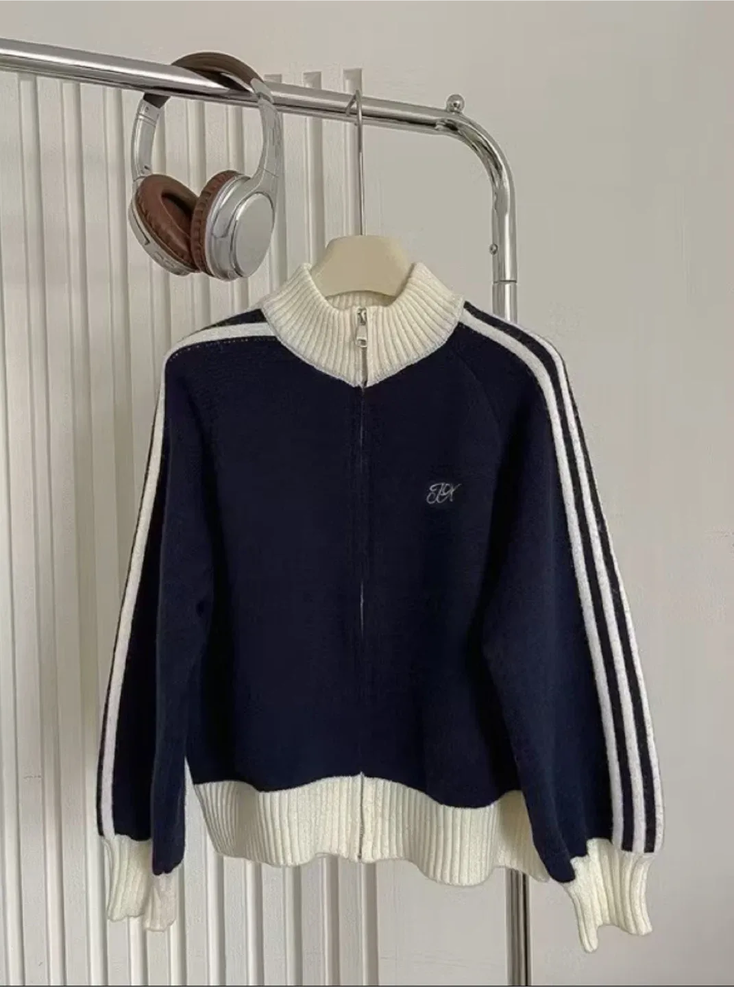 Navy & White Knit Zip-Up Jacket thumbnail