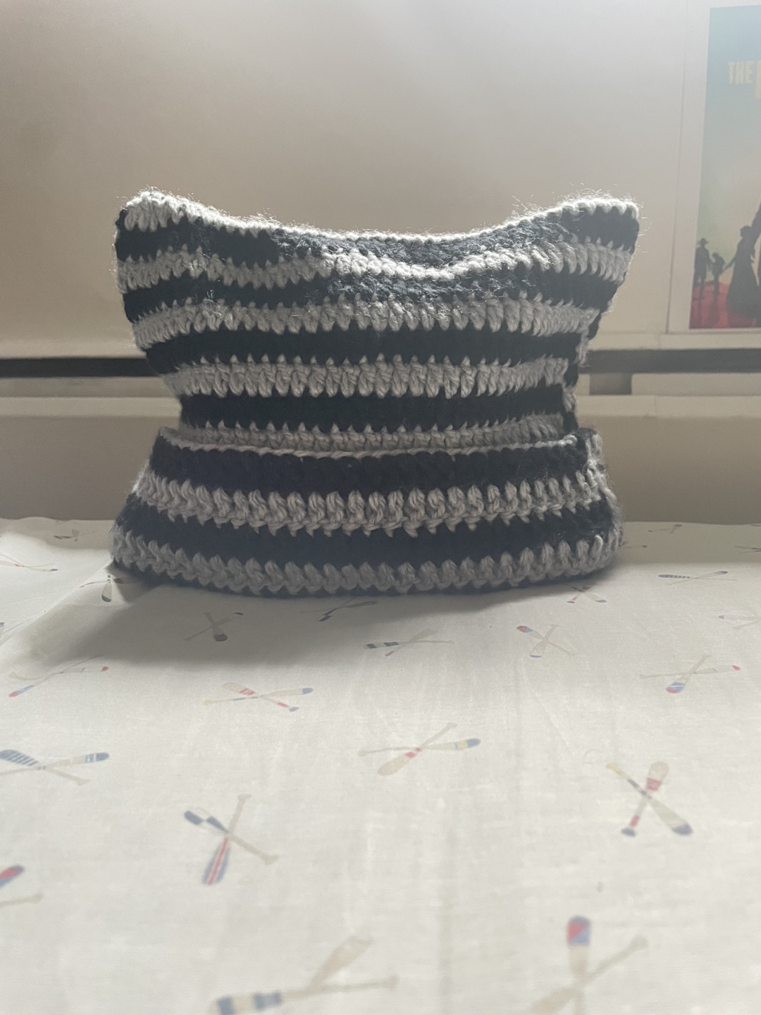 Handmade Crochet Cat Ear Beanie - Black & Grey
