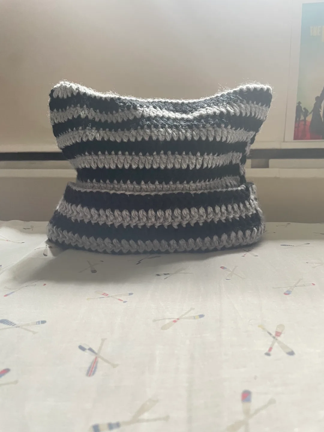 Handmade Crochet Cat Ear Beanie - Black & Grey thumbnail