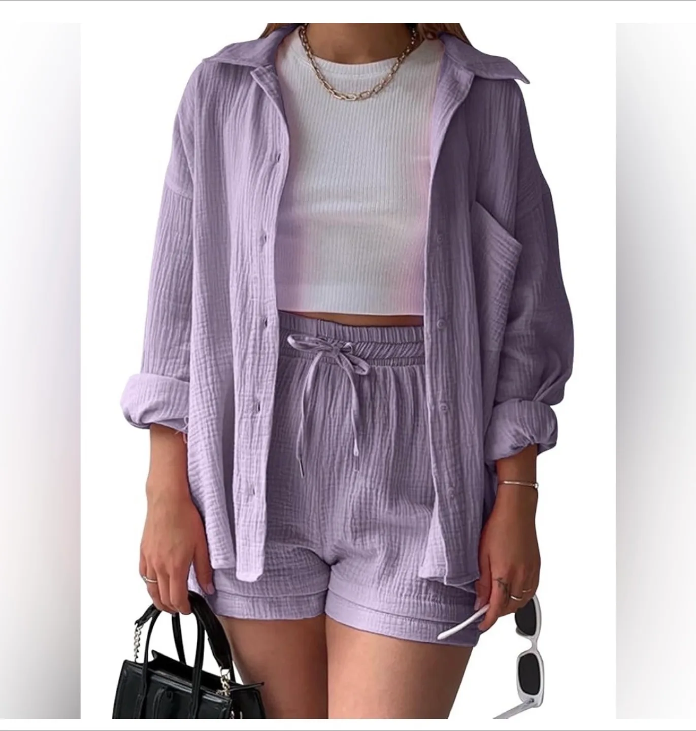 Kissonic Lavender Cotton Blend Button Up & Short Set thumbnail