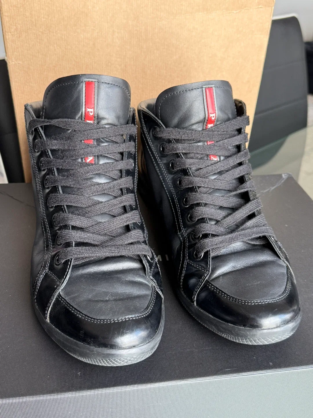 PRADA Black Leather High Top Sneakers Men thumbnail