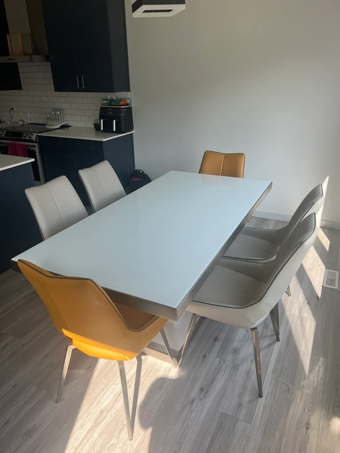 Modern White Glass Dining Table with 6 Chairs | Moving Our Sale thumbnail