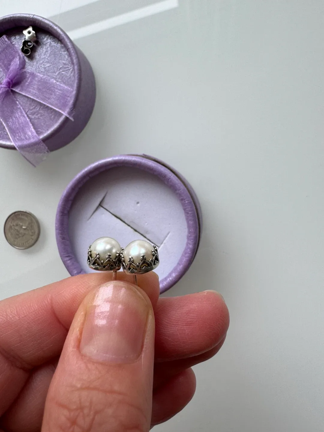 Sterling Silver 925 Pearl Stud Earrings with Purple Box image indicator(5)