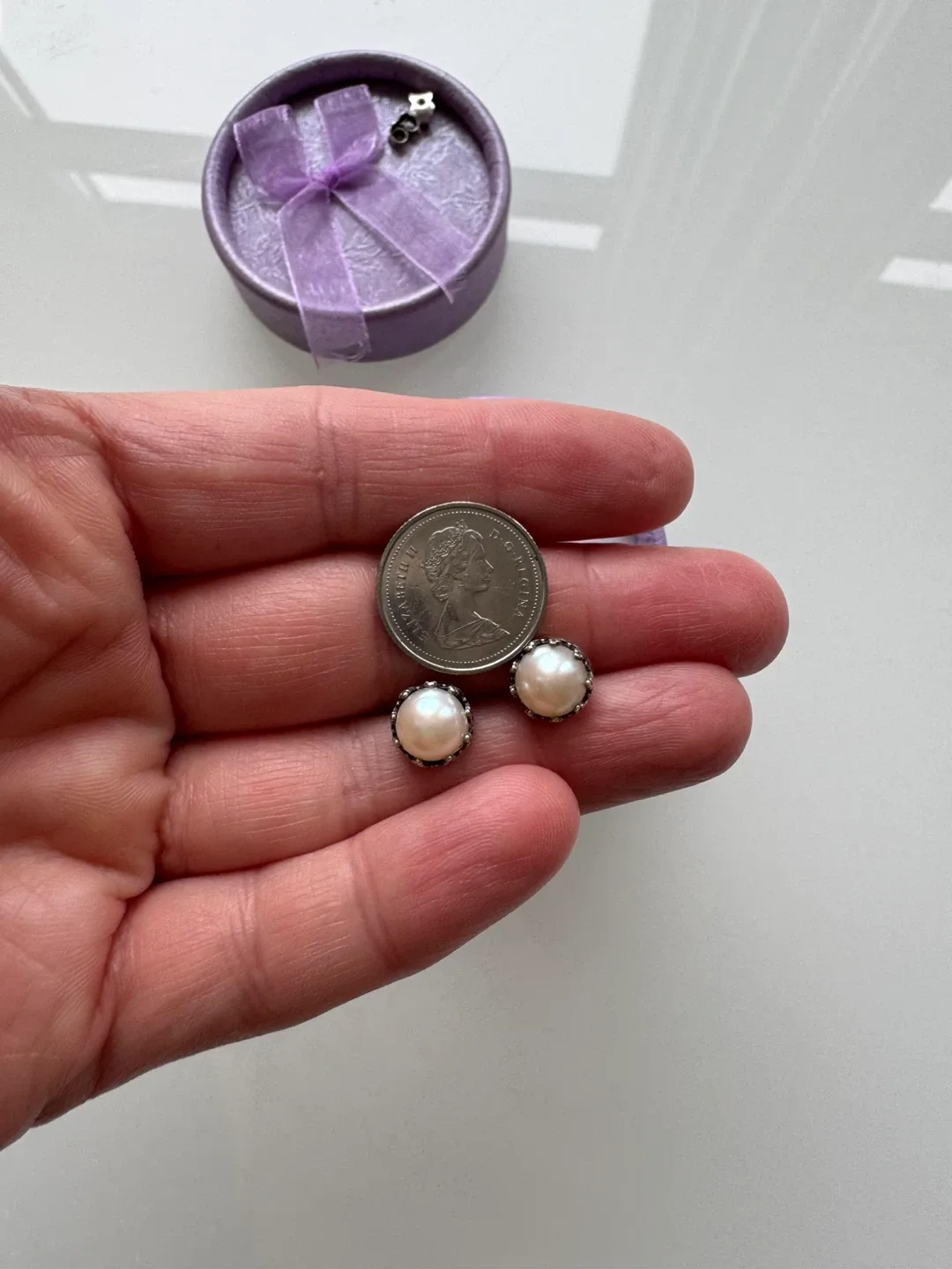 Sterling Silver 925 Pearl Stud Earrings with Purple Box image indicator(4)