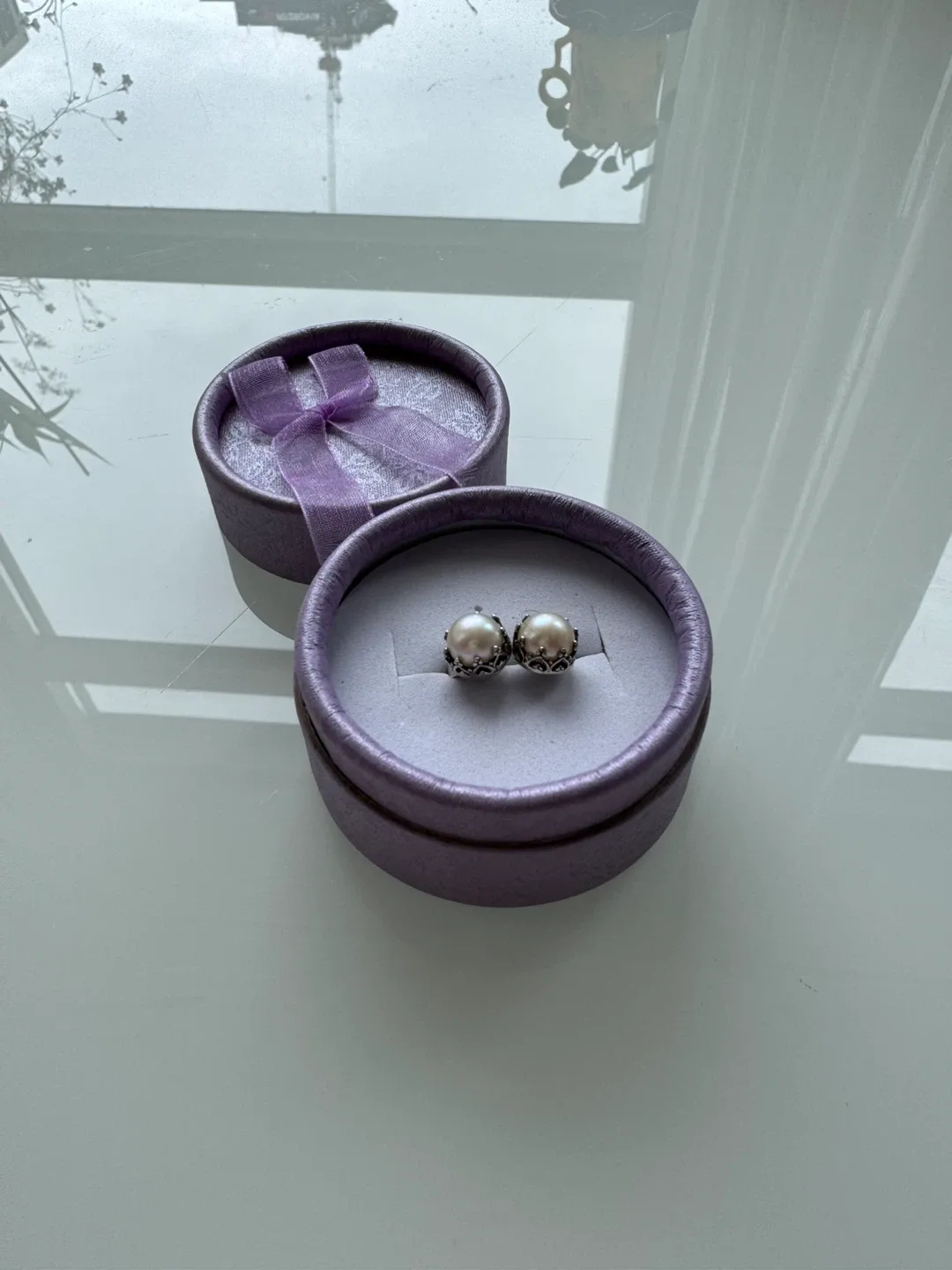 Sterling Silver 925 Pearl Stud Earrings with Purple Box image indicator(2)
