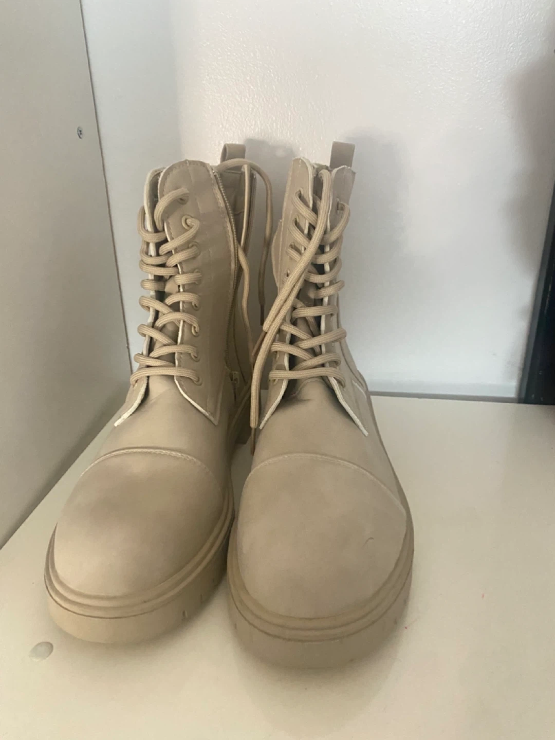 Beige Lace-Up Combat Boots - photo 3