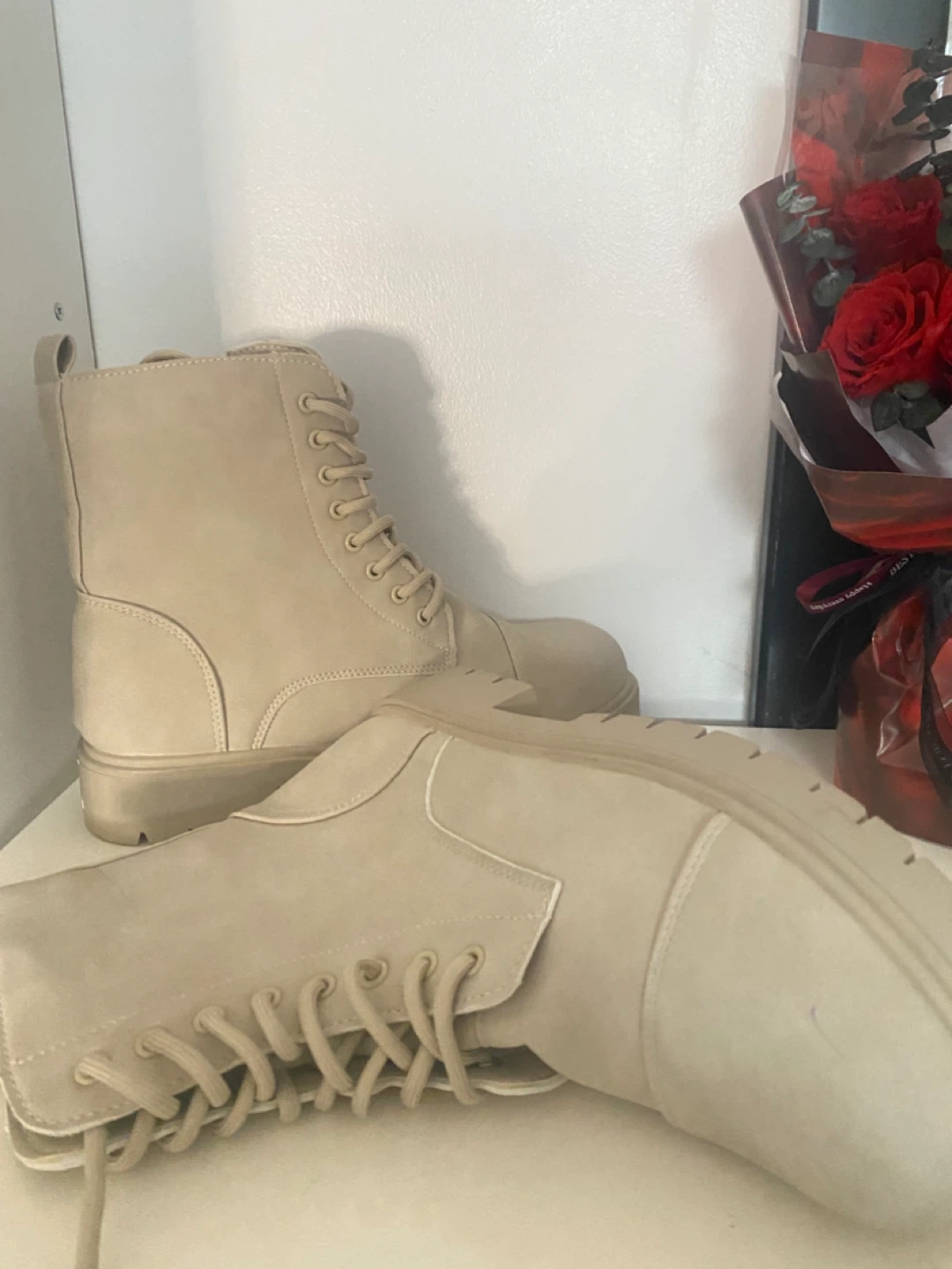 Beige Lace-Up Combat Boots