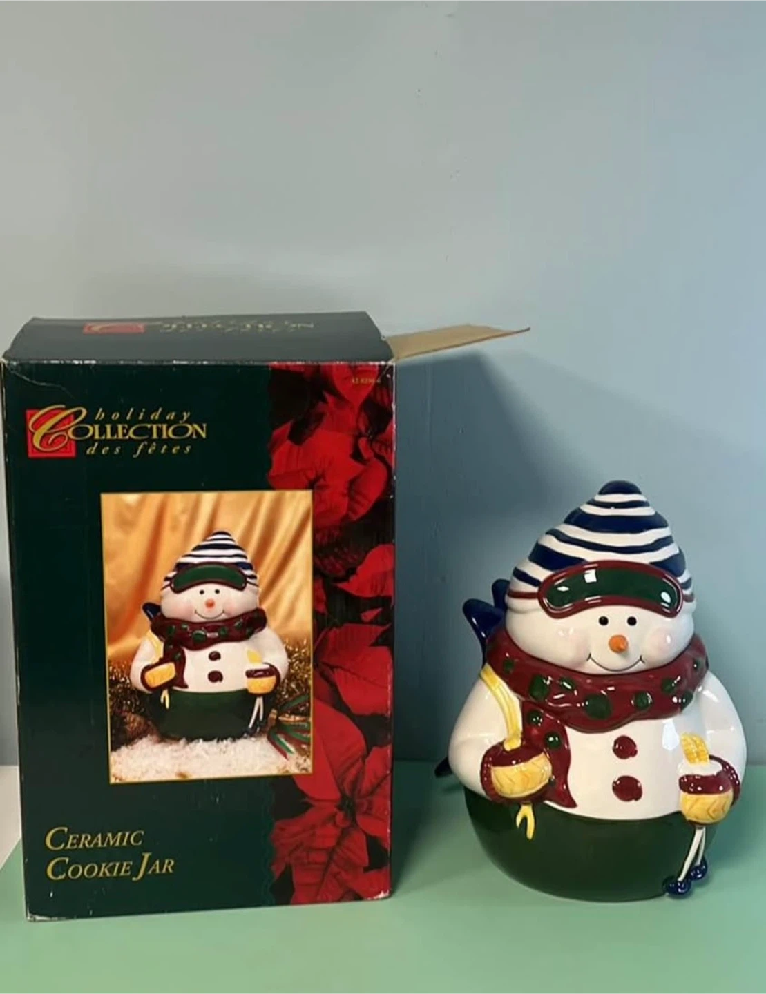 Vintage Ceramic Skiing Snowman Cookie Jar