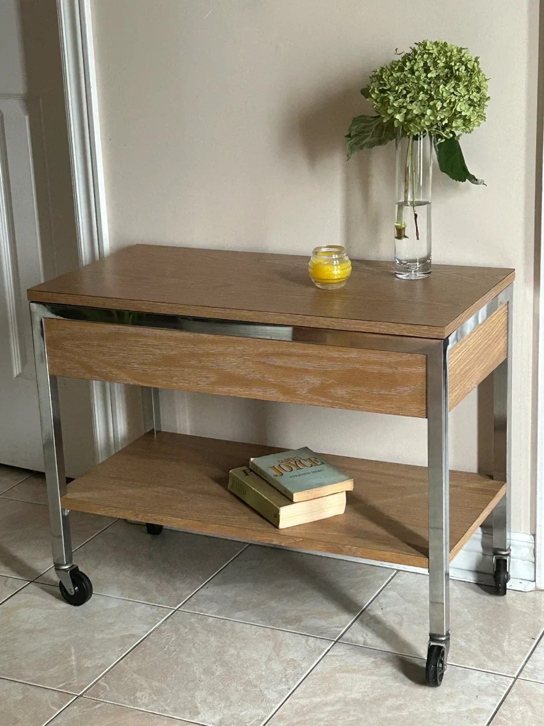 Rolling Side Table / console - Wood & Chrome thumbnail