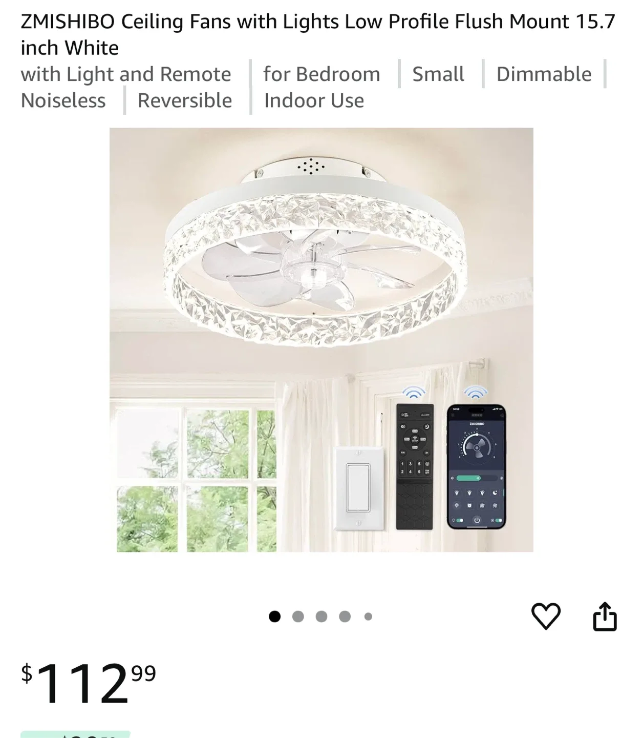 ZMISHIBO Ceiling Fan with Light - 15.7 inch White thumbnail