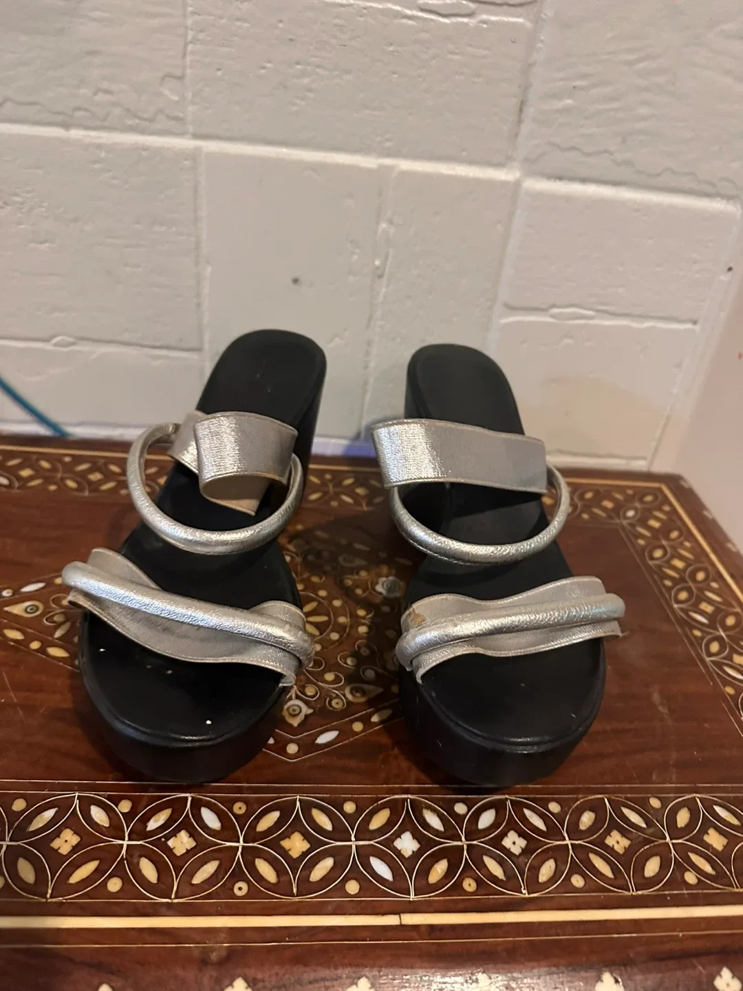 TLC Silver & Black Wedge Sandals - Size 37 thumbnail