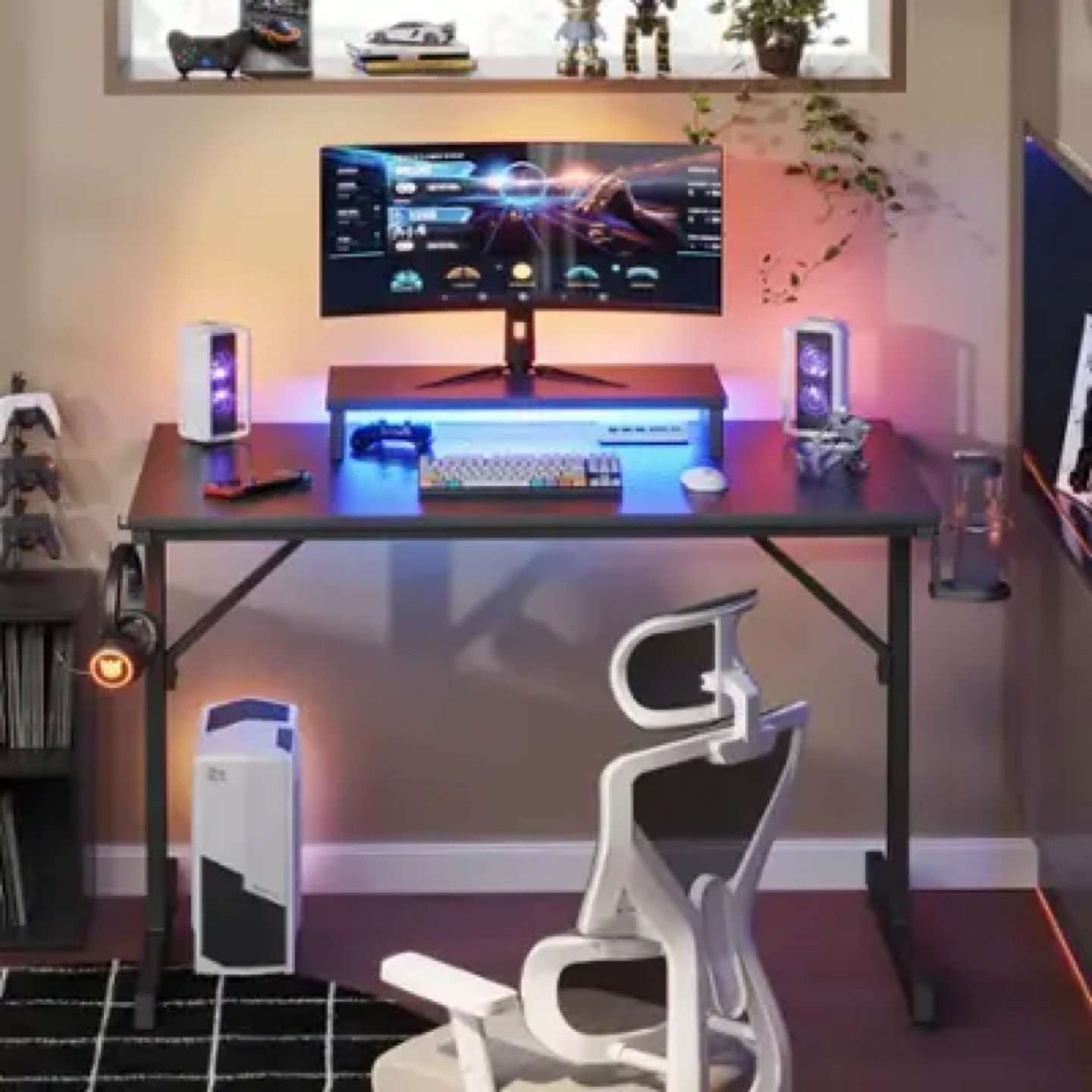 Gaming Desk with Monitor Shelf - Black - photo 4