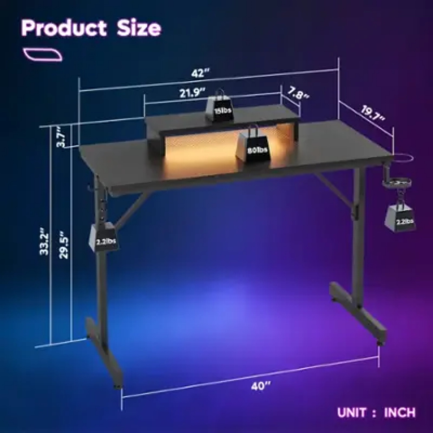 Gaming Desk with Monitor Shelf - Black - photo 3