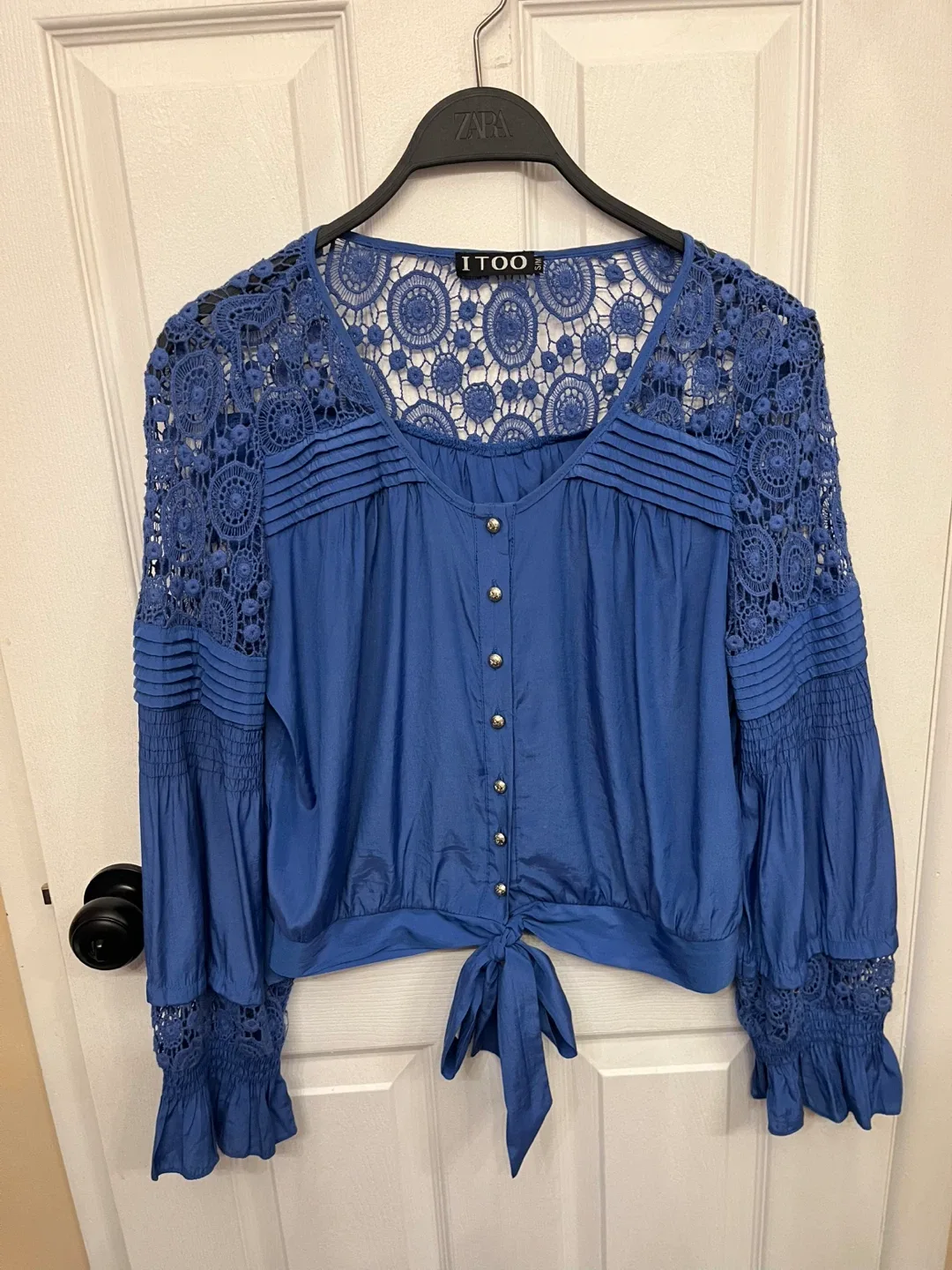 ITOO Blue Boho Crochet Lace Blouse - Size S/M