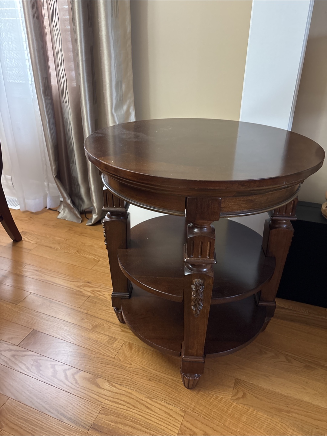 Round Wooden Side Table with Shelves - photo 2