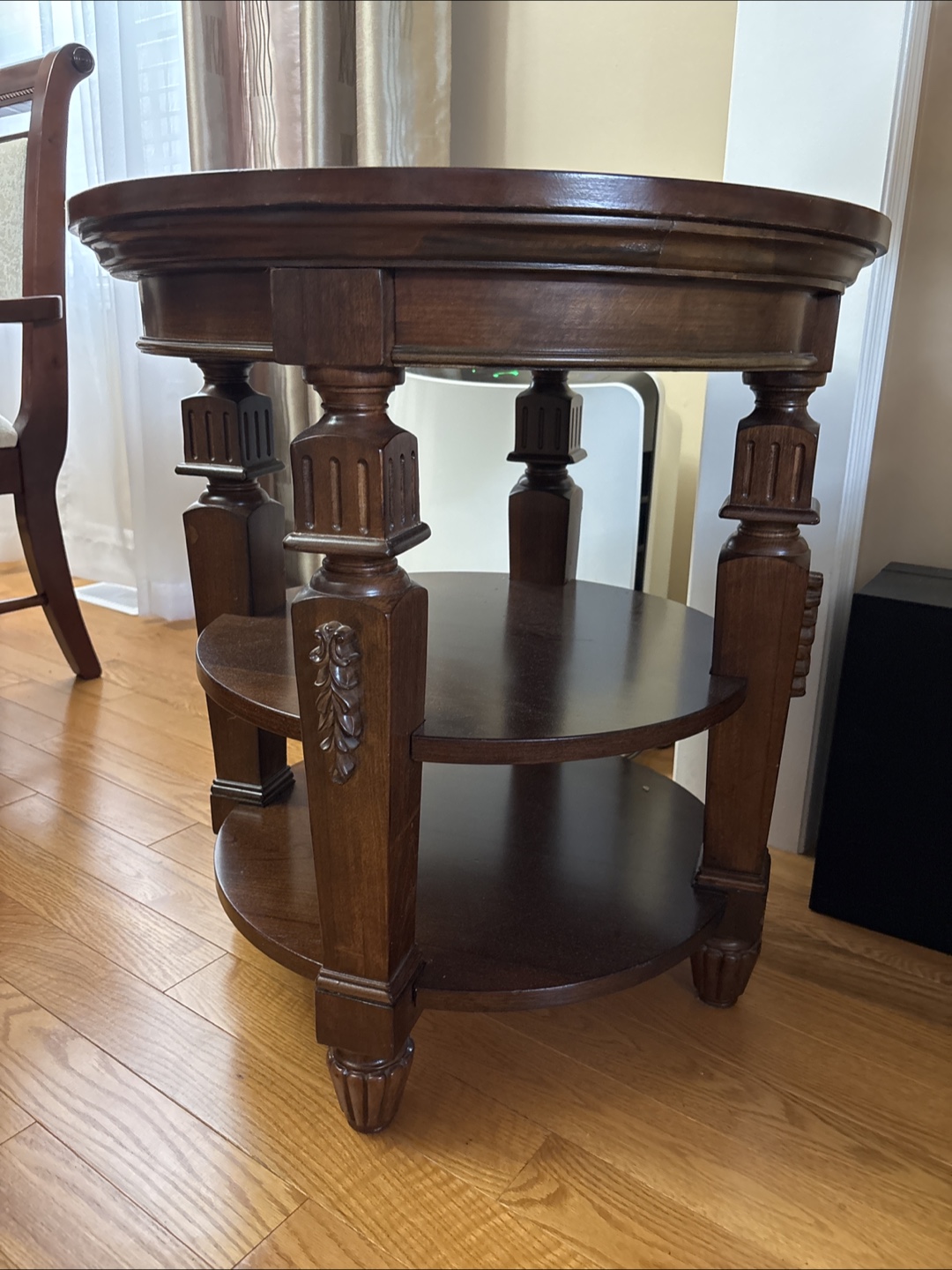 Round Wooden Side Table with Shelves