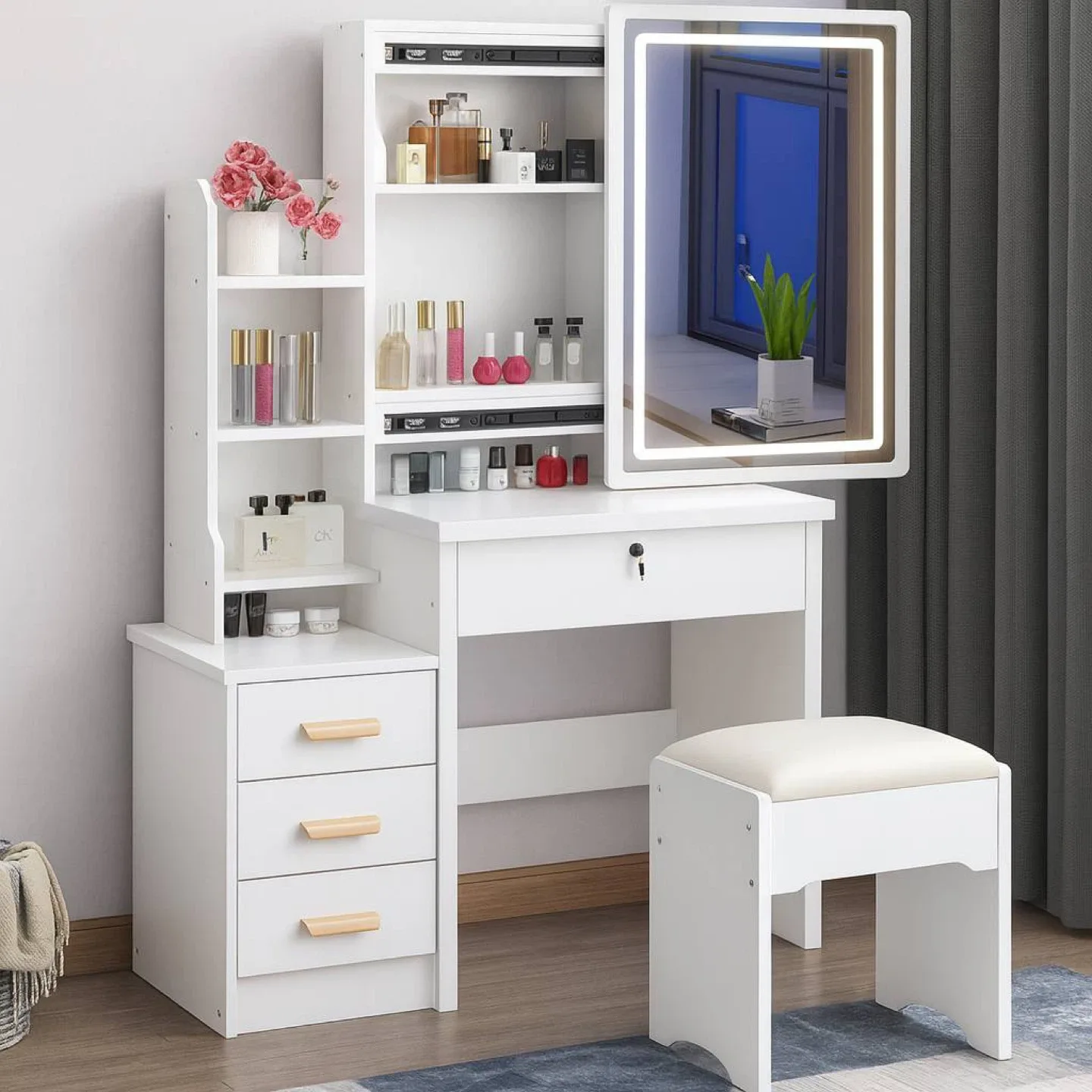 Vanity Makeup Table with Lighted Mirror & Stool - White thumbnail
