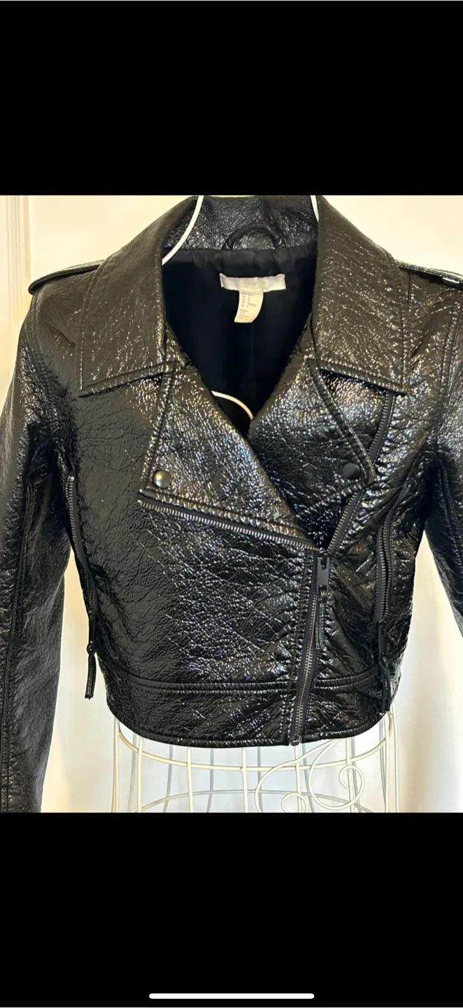 H&M Black Faux Patent Leather Moto Jacket - Size 4 image indicator(2)