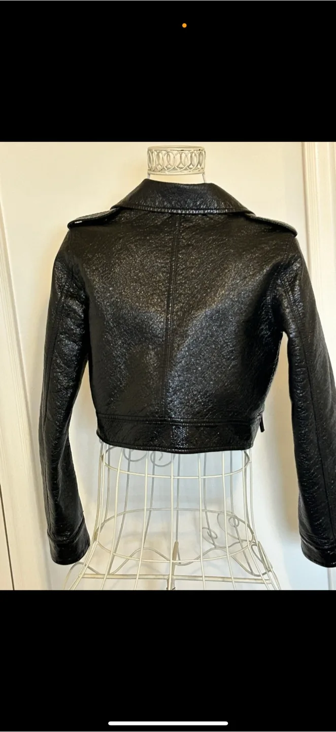 H&M Black Faux Patent Leather Moto Jacket - Size 4 image indicator(3)