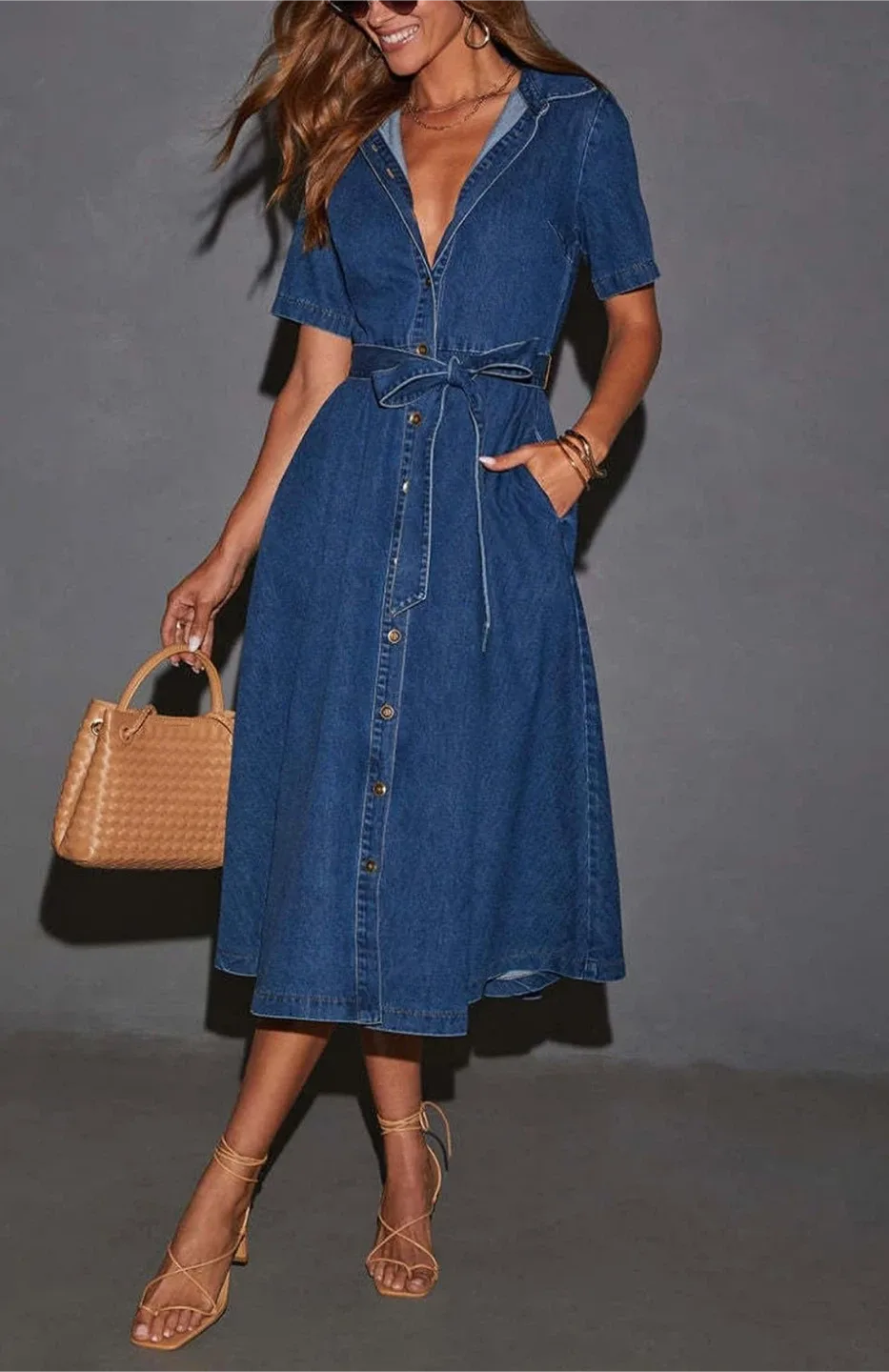 Denim Button-Up Midi Dress with Belt image indicator(3)