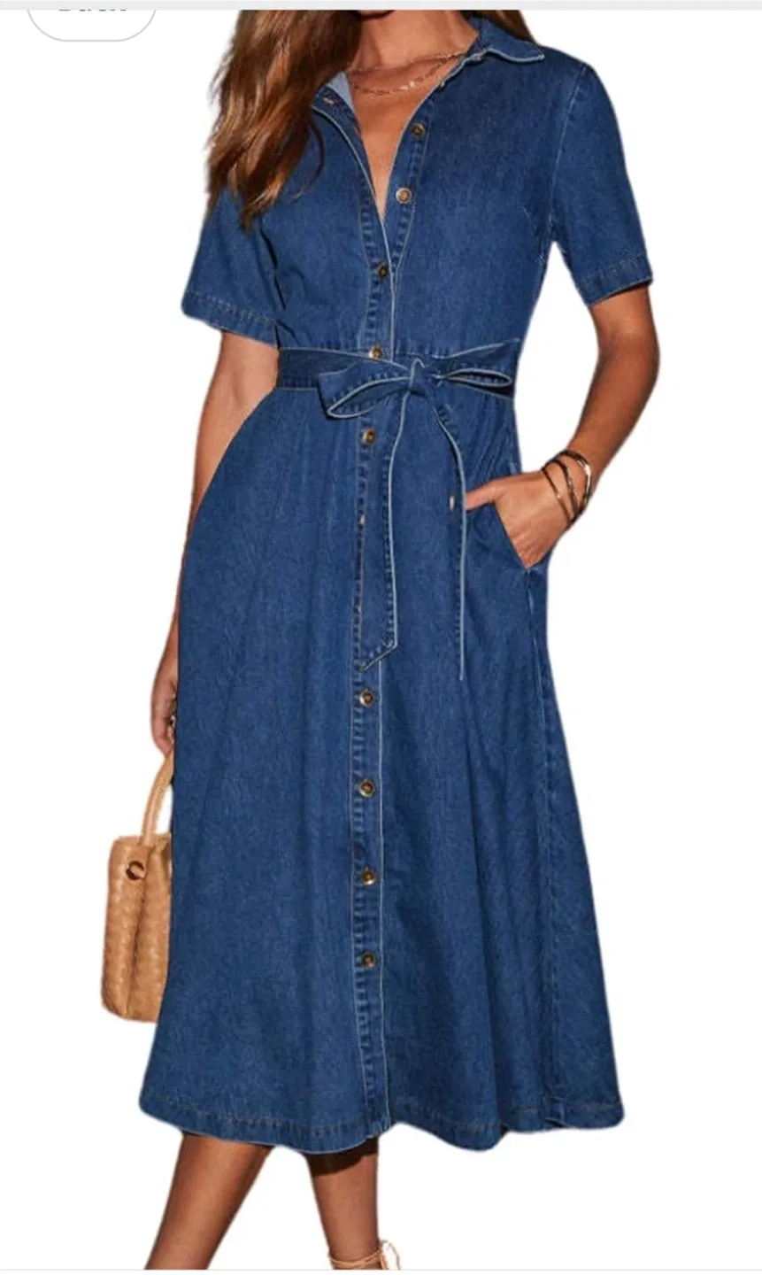 Denim Button-Up Midi Dress with Belt thumbnail