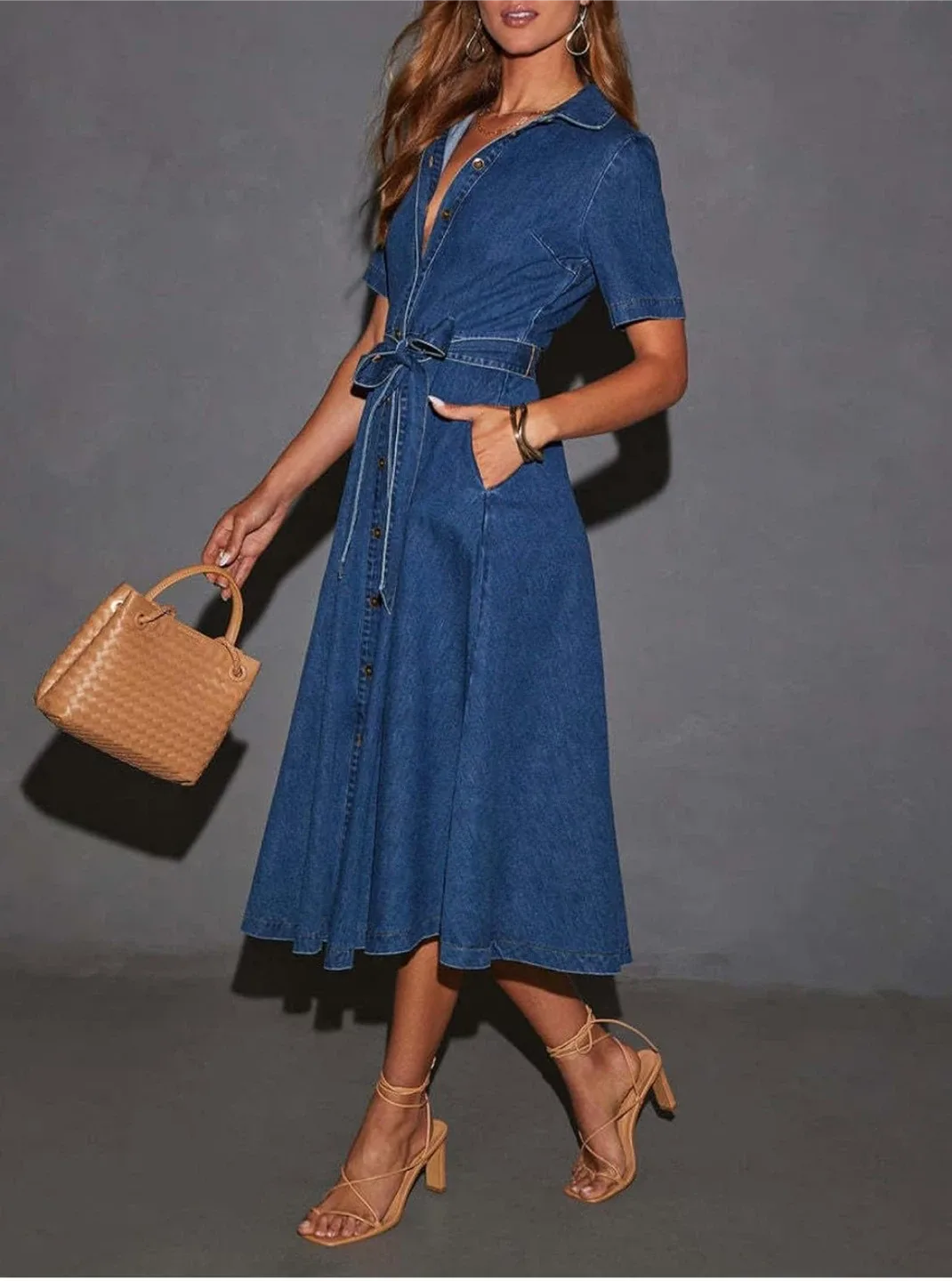 Denim Button-Up Midi Dress with Belt image indicator(2)