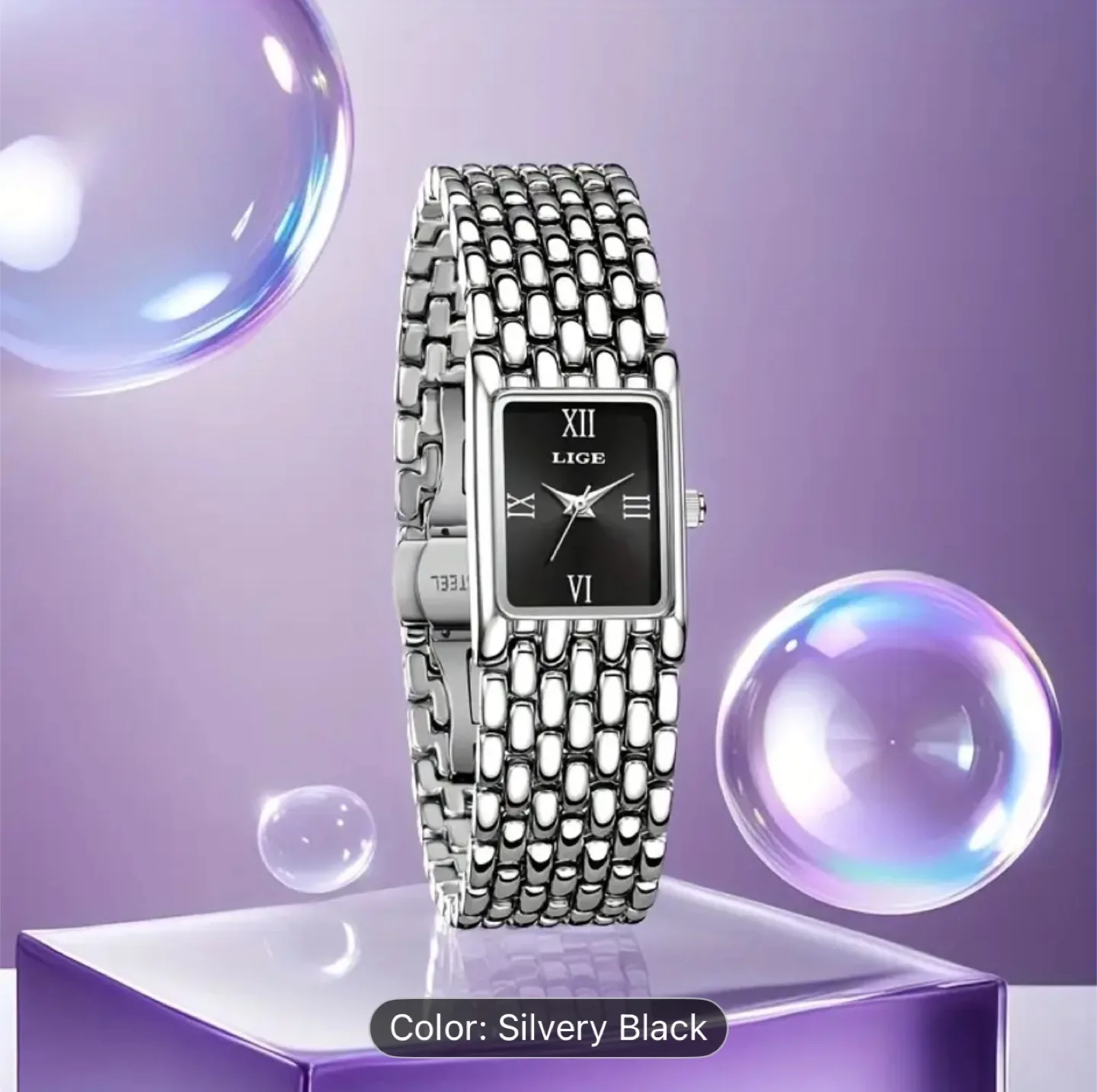 LIGE Women's Silver & Black Watch image indicator(2)