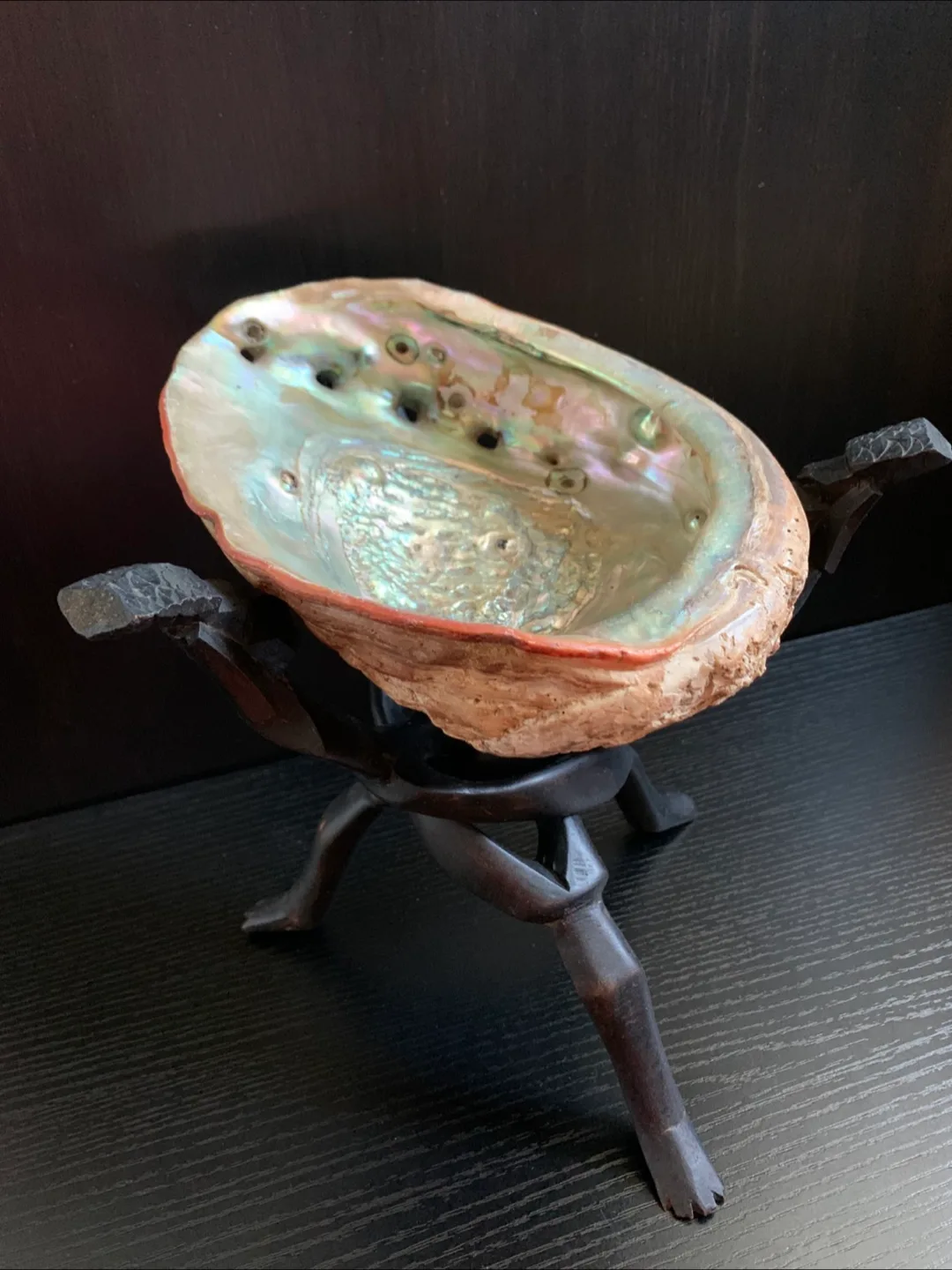 Large Abalone Shell Bowl with Vintage Wooden tripod Stand thumbnail