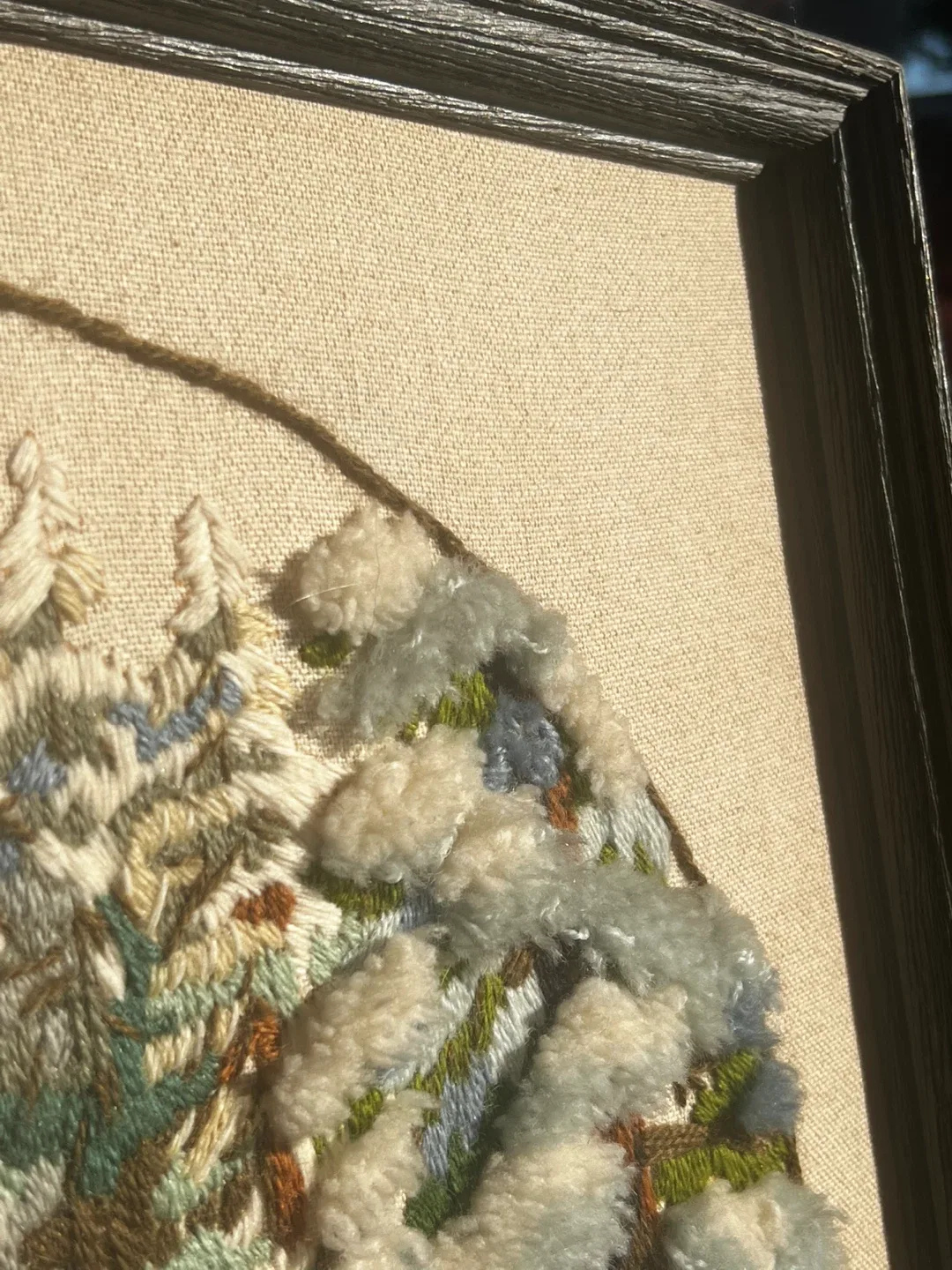 Vintage Framed Needlepoint /stitchery Winter Scene image indicator(4)