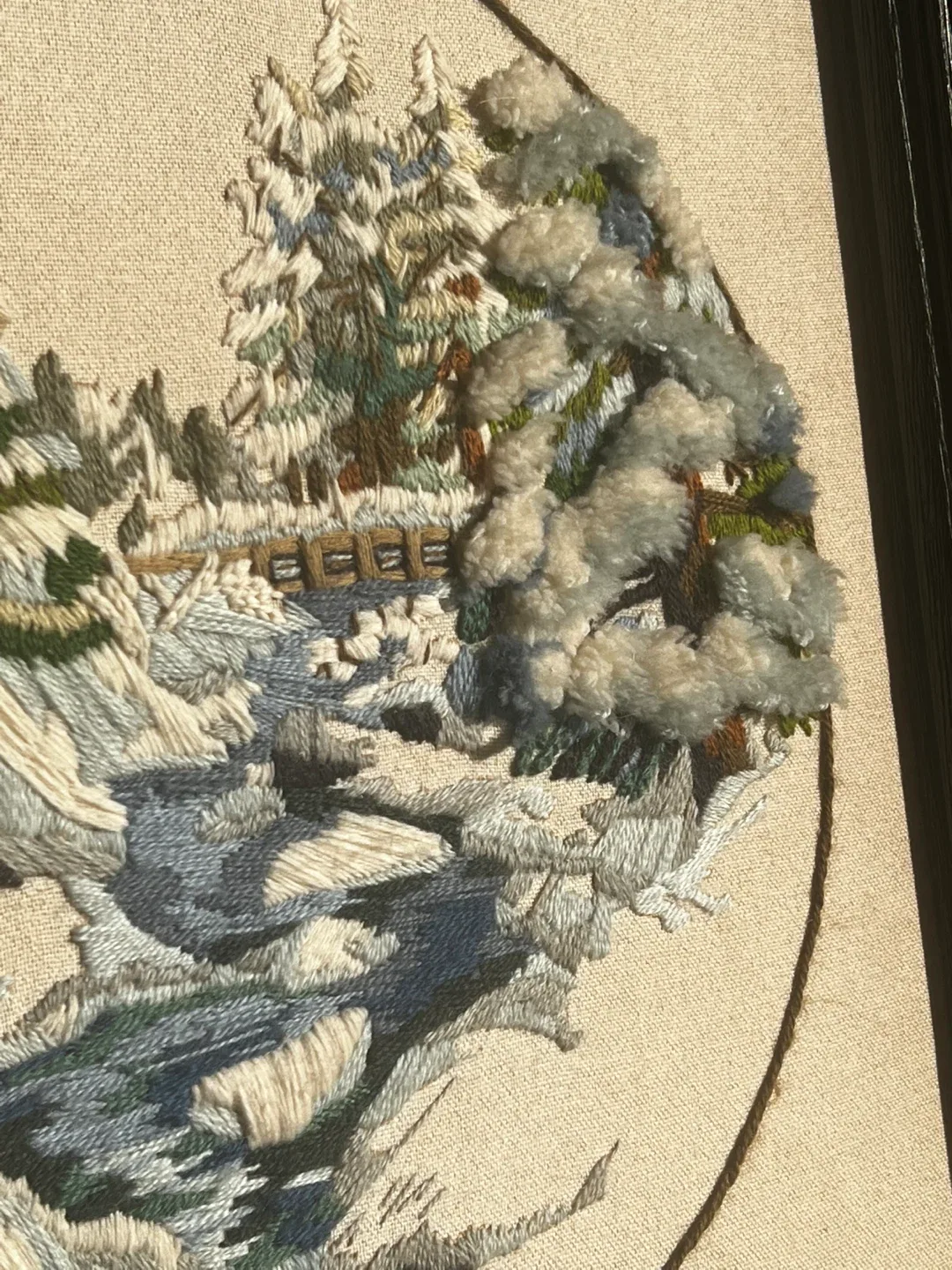 Vintage Framed Needlepoint /stitchery Winter Scene image indicator(3)