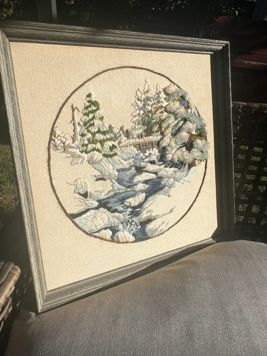 Vintage Framed Needlepoint /stitchery Winter Scene image indicator(6)