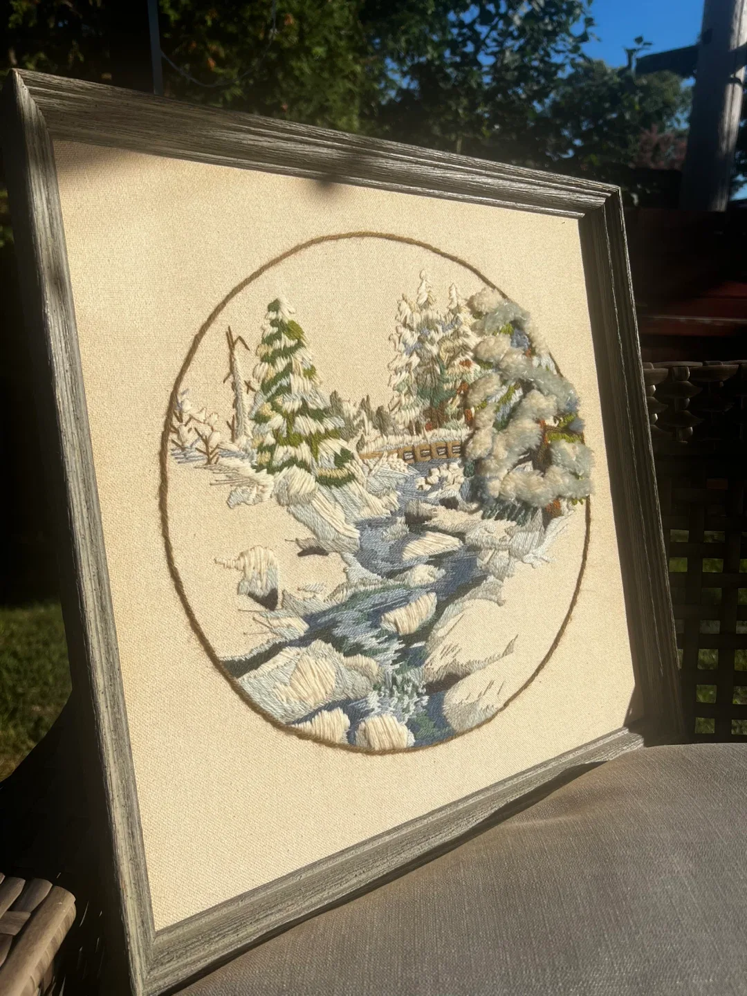 Vintage Framed Needlepoint /stitchery Winter Scene image indicator(2)