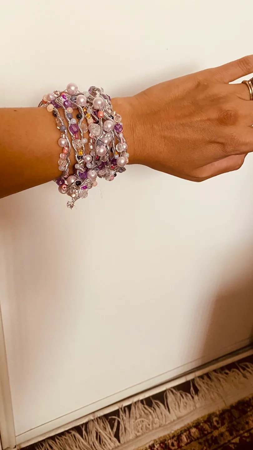 Handmade Beaded Bracelet - Purple & White thumbnail