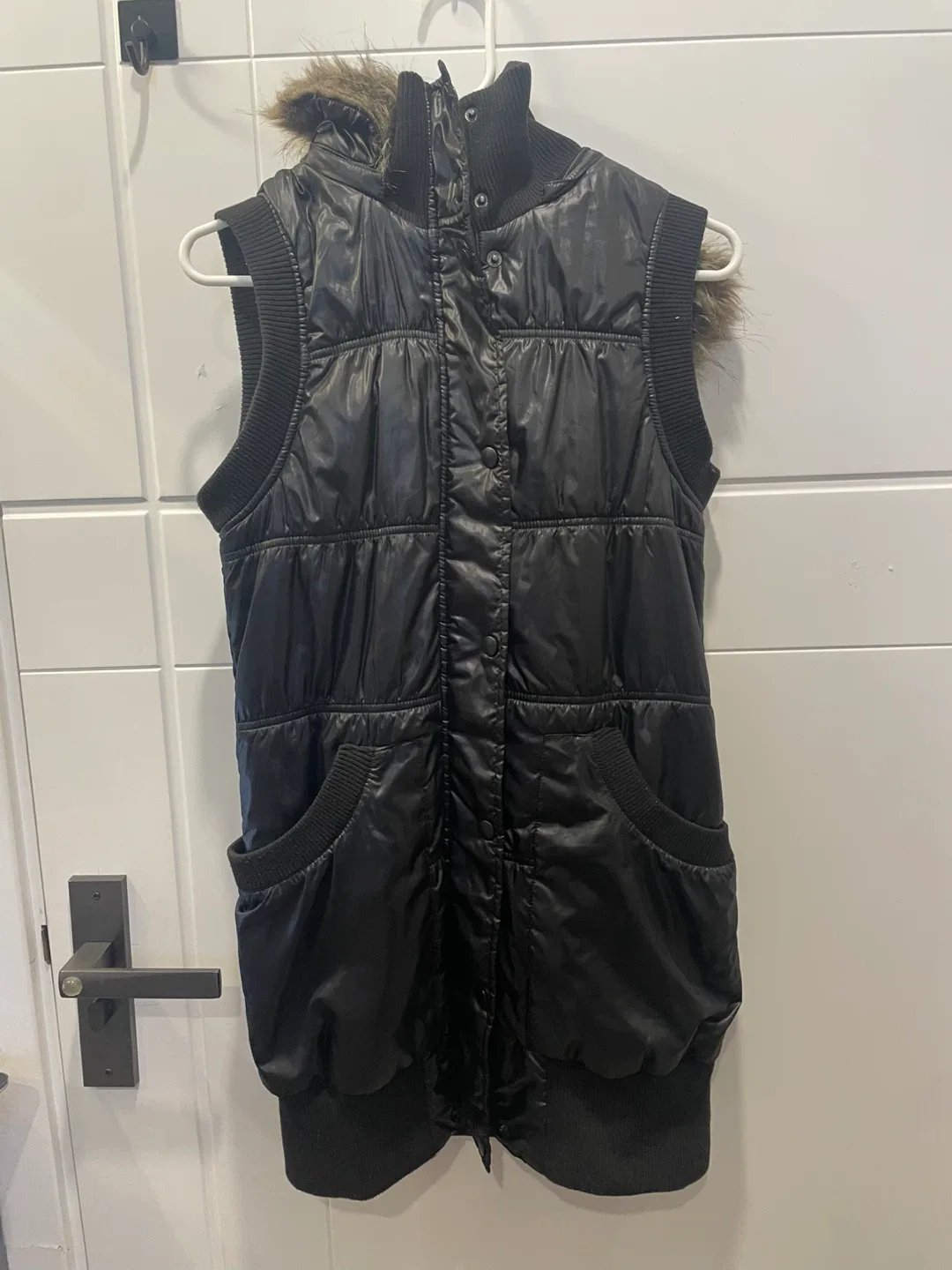 Black Puffer Vest with Faux Fur Hood thumbnail
