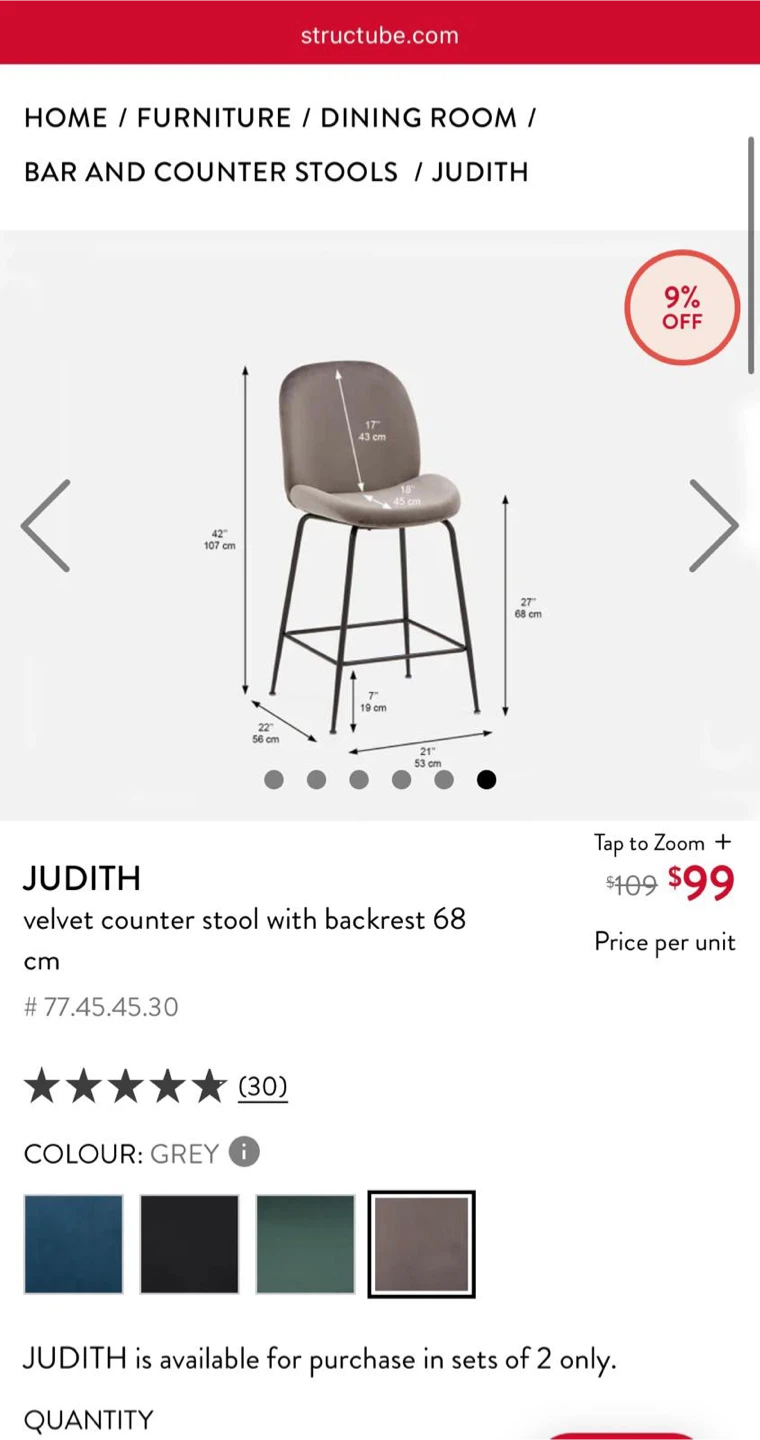 Structube - Judith Velvet Bar Stools (Set of 2) - photo 5
