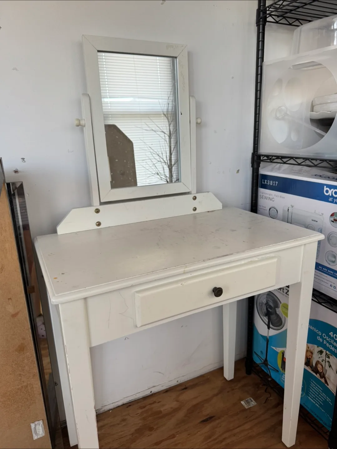 White Vanity Desk with Mirror and Stool