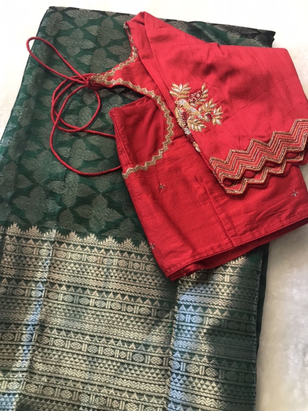 Red Embroidered Blouse & Green Saree Set