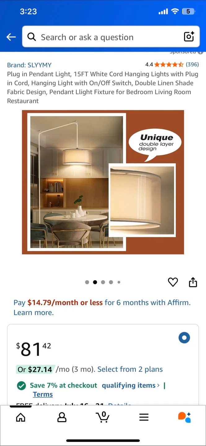 SLYYMY Pendant Light with 15FT White Cord thumbnail