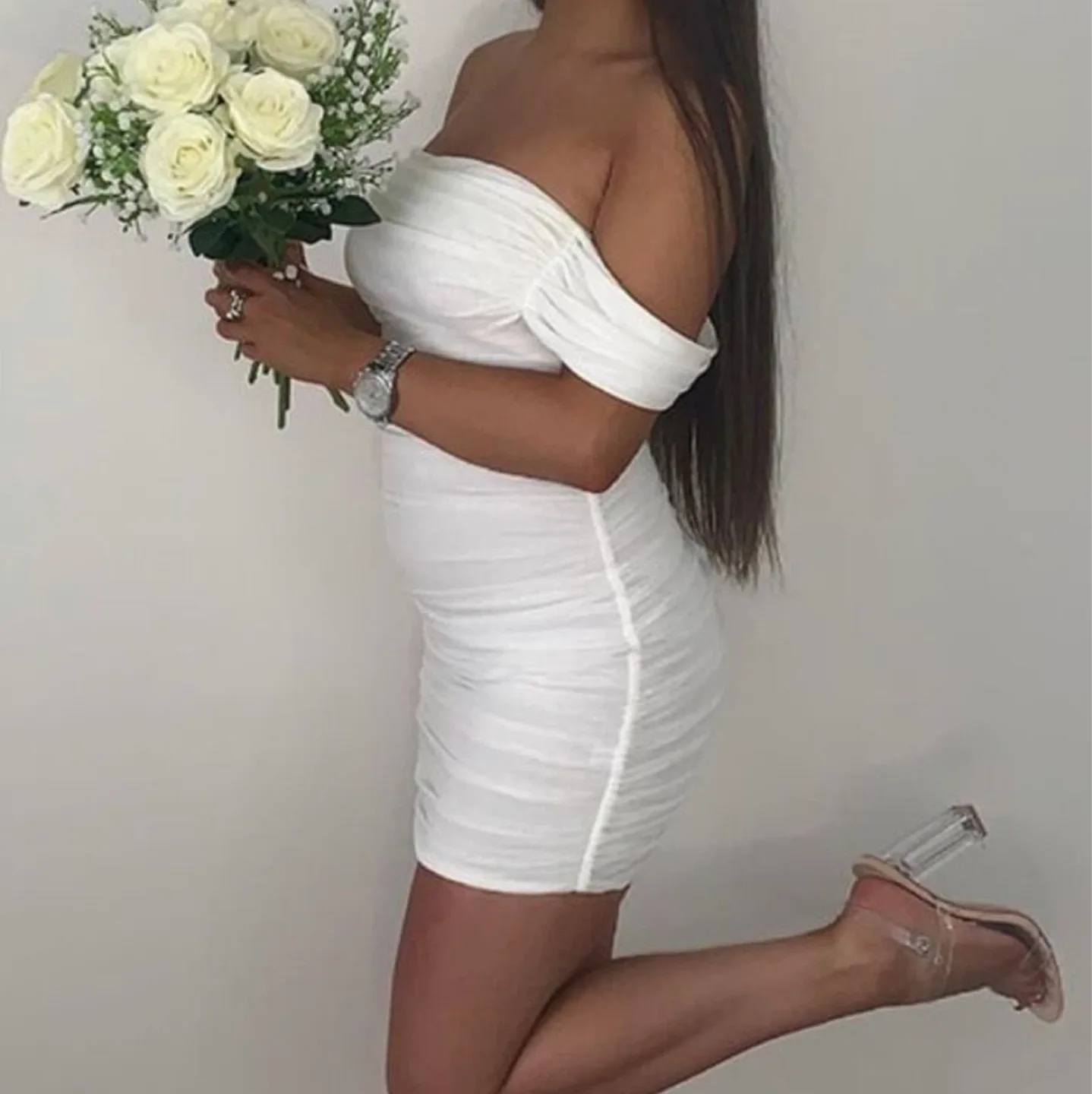 NEW white off the shoulder ruched dress S image indicator(5)