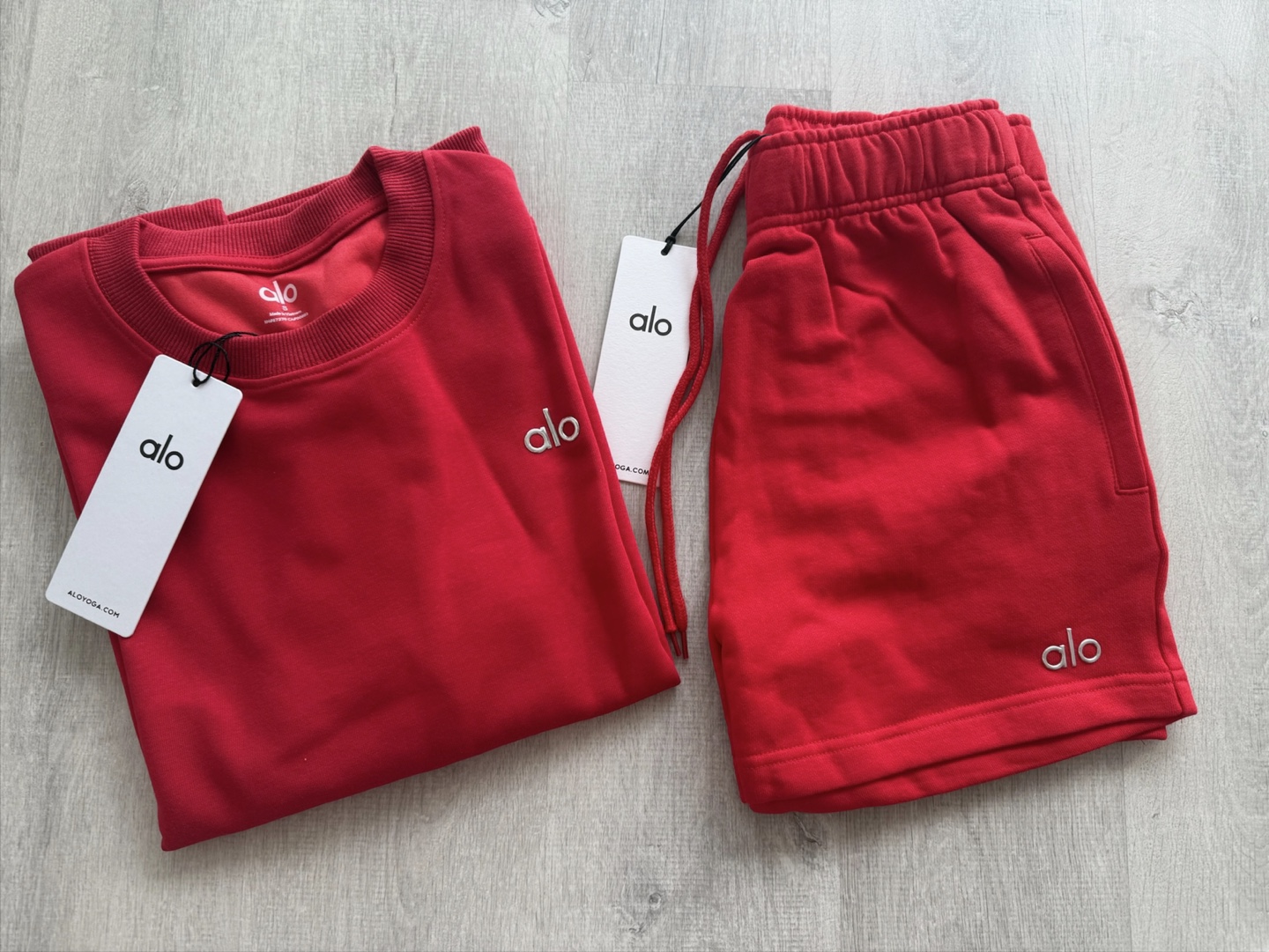 ALO Yoga Candy Red Accolade Crewneck & Shorts Set