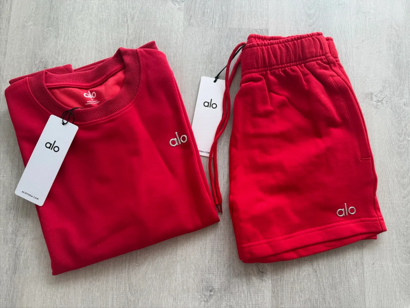 ALO Yoga Candy Red Accolade Crewneck & Shorts Set thumbnail