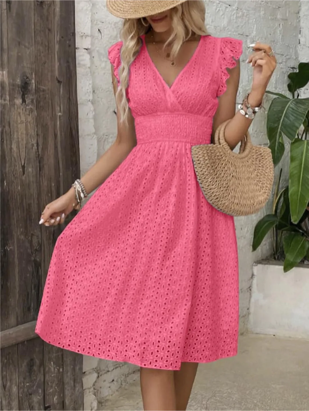 Brand new Eyelet Lace Embroidery Smocked Waist Party Dress -M thumbnail