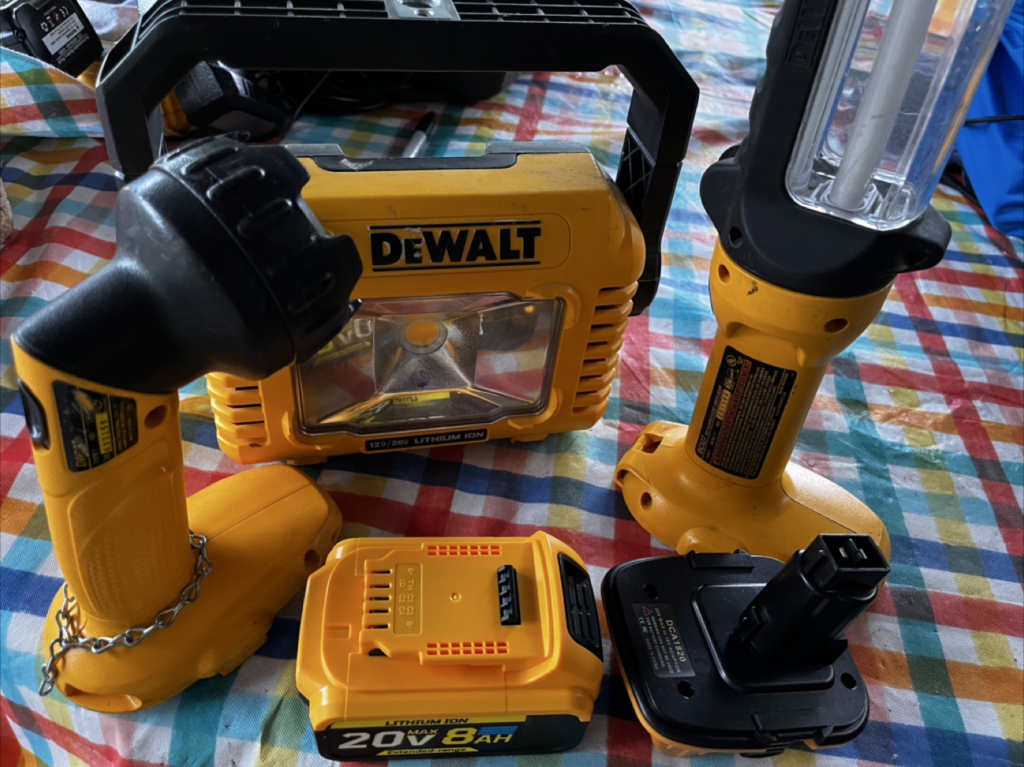 3 Dewalt lights all work great new battery and adpter
