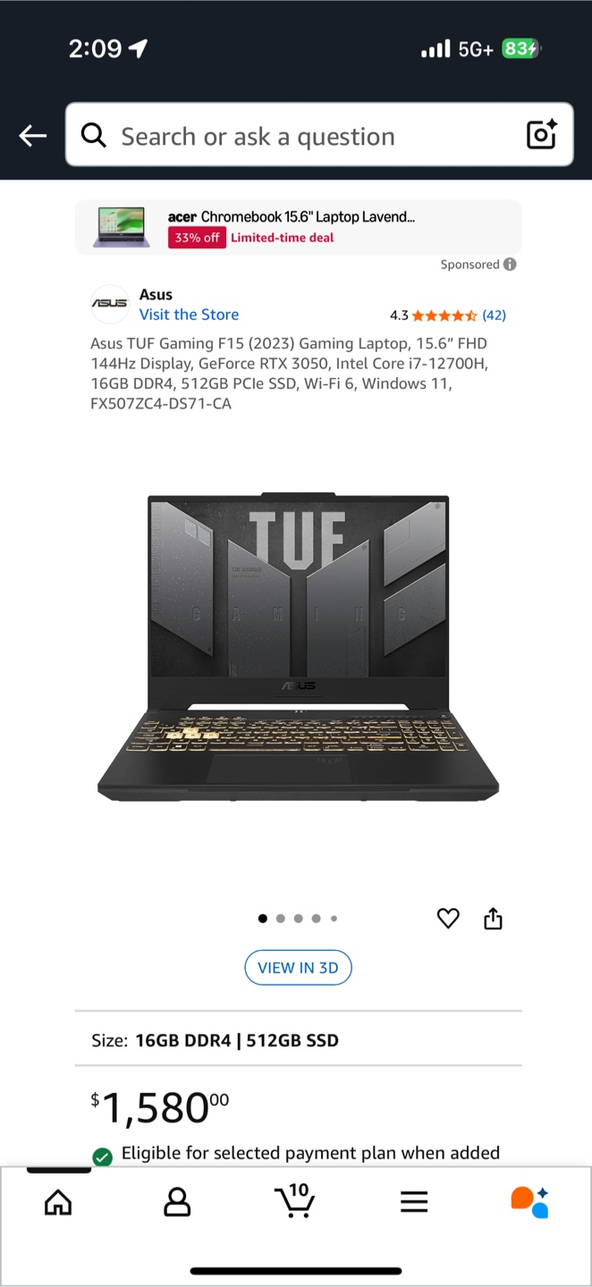 ASUS TUF Gaming F15 Laptop - i7, 16GB RAM, 512GB Storage