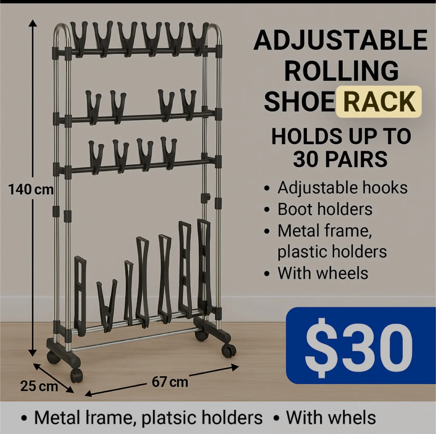 Adjustable Rolling Shoe Rack - Holds 30 Pairs thumbnail